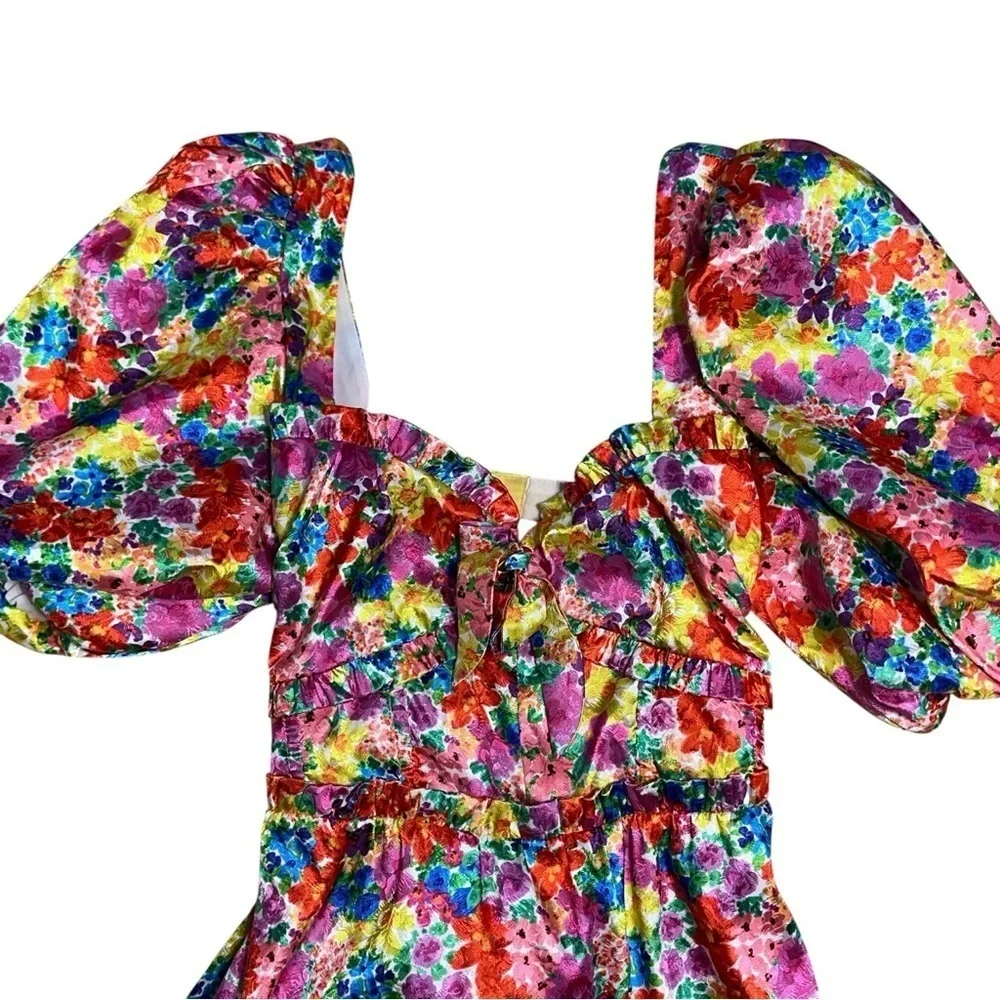 For Love & Lemons Vibrant Floral Merrill Puff Sleeve Mini Dress Womens L